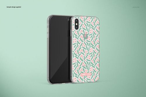 Clear iPhone XS case mockup featuring a colorful abstract pattern, shown in front and back view on a mint green background.