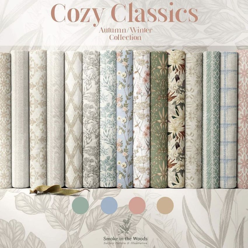 Folded fabrics mockup featuring a row of vertically stacked fabric swatches with floral and geometric patterns in muted tones.