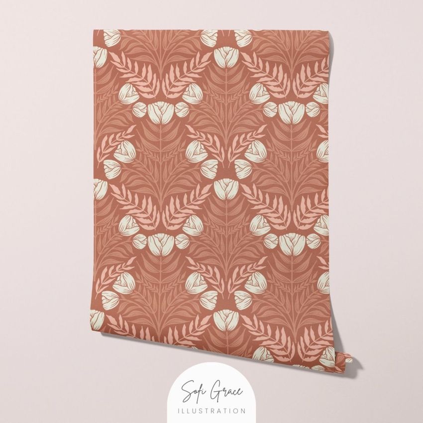 Non-woven vinyl wallpaper mockup featuring a roll with a repeating floral pattern in muted pink and cream tones on a plain background.