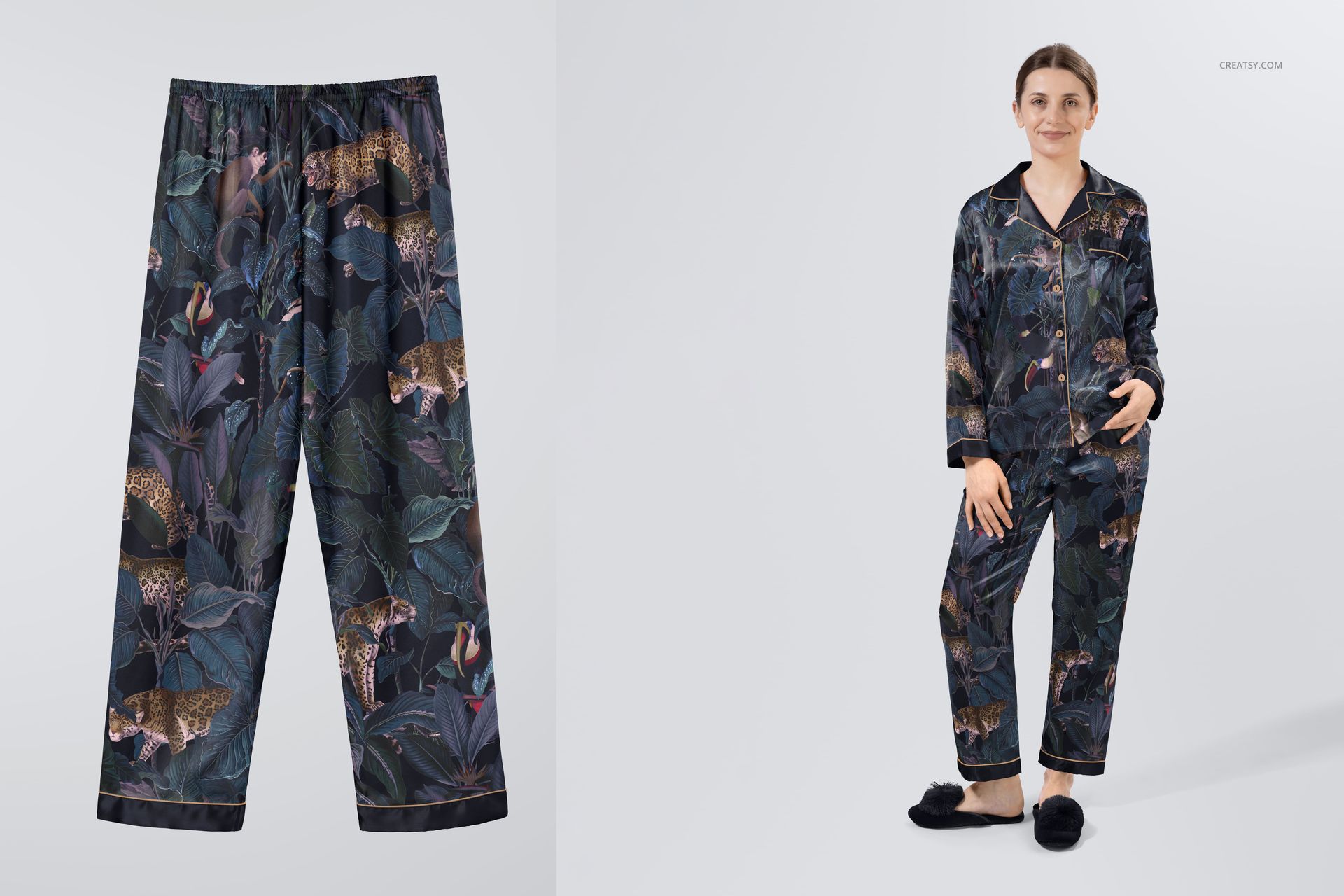 Long-sleeve silk pyjama set mockup featuring a dark jungle pattern with leopards, shown front view on model.