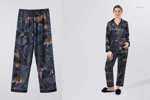 Long-sleeve silk pyjama set mockup featuring a dark jungle pattern with leopards, shown front view on model.