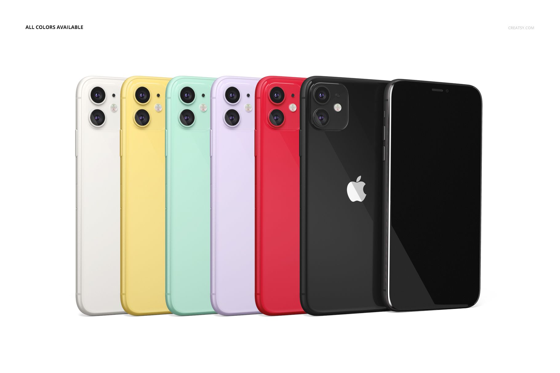 PSD mockup featuring multiple iPhone 11 devices in matte snap cases, highlighting various colors and sleek finishes.
