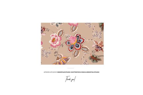 Rectangular mockup featuring a floral pattern with pink, blue, and orange flowers on a beige background, shown from the front.