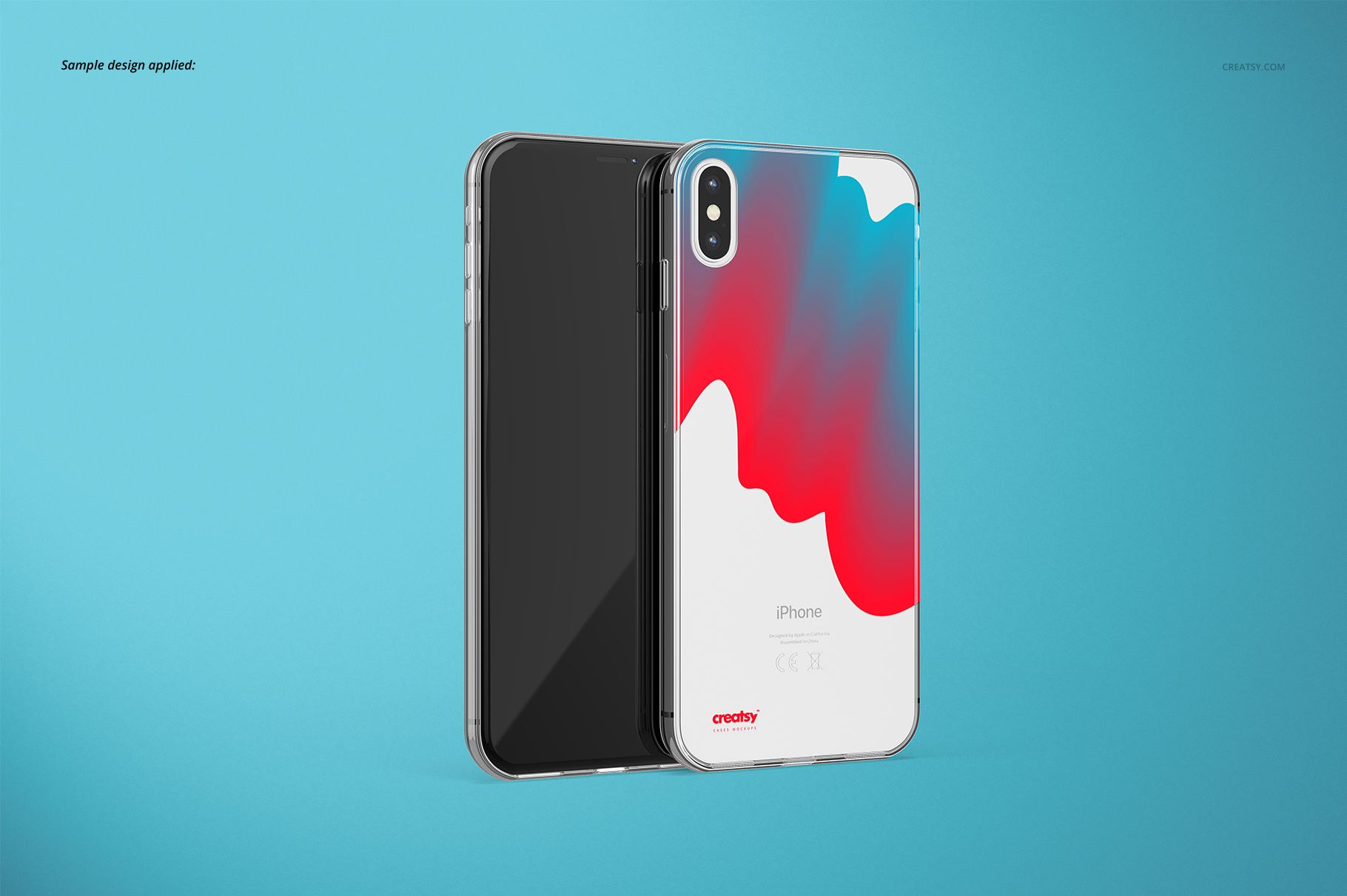 PSD mockup of iPhone XS Max clear cases, one with a vibrant design and one plain, displayed against a blue background.