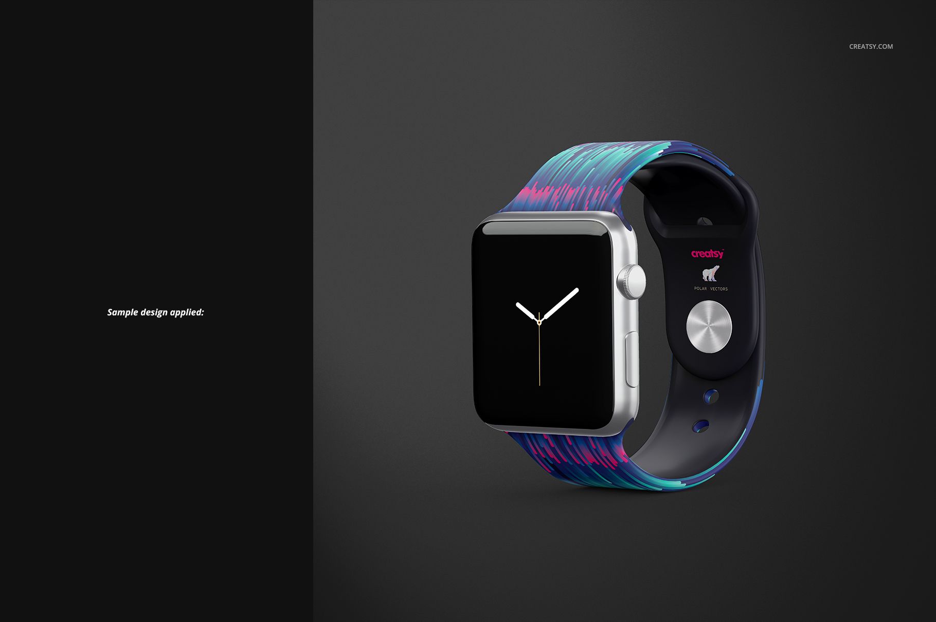 Apple Watch with a colorful patterned band displayed at an angle on a dark background, showing a mockup design.