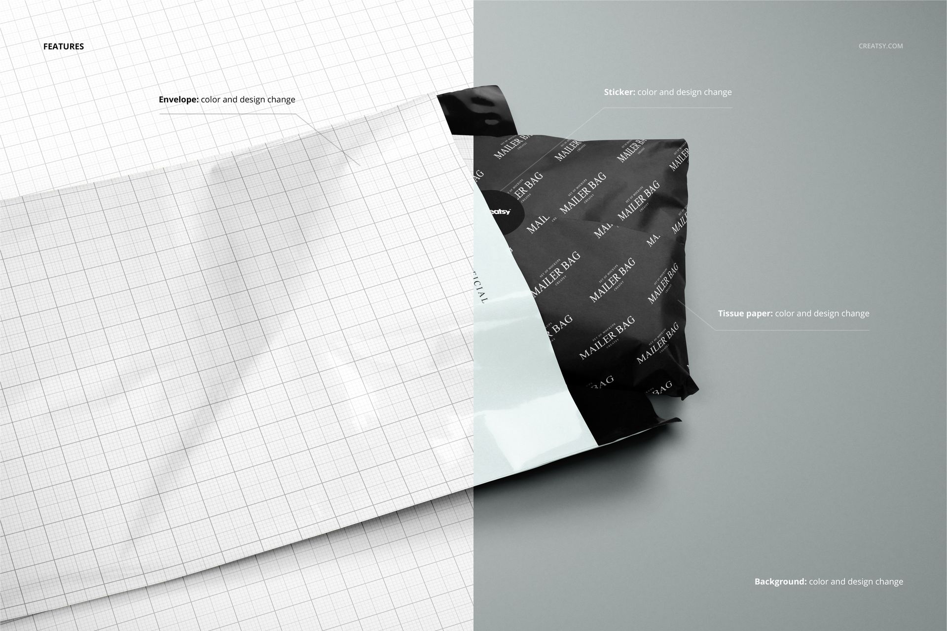 Mailer bag and tissue paper mockup set featuring a split view of grid pattern and black design, shown from above.