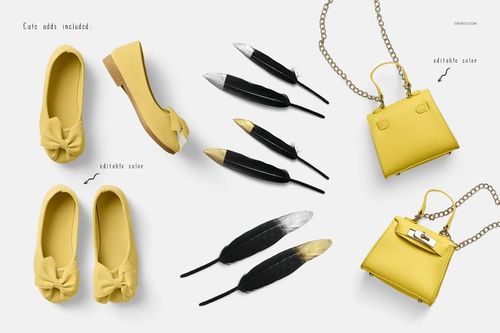 Top view of a baby summer set mockup featuring yellow shoes with bows, matching purses with chains, and decorative feathers.