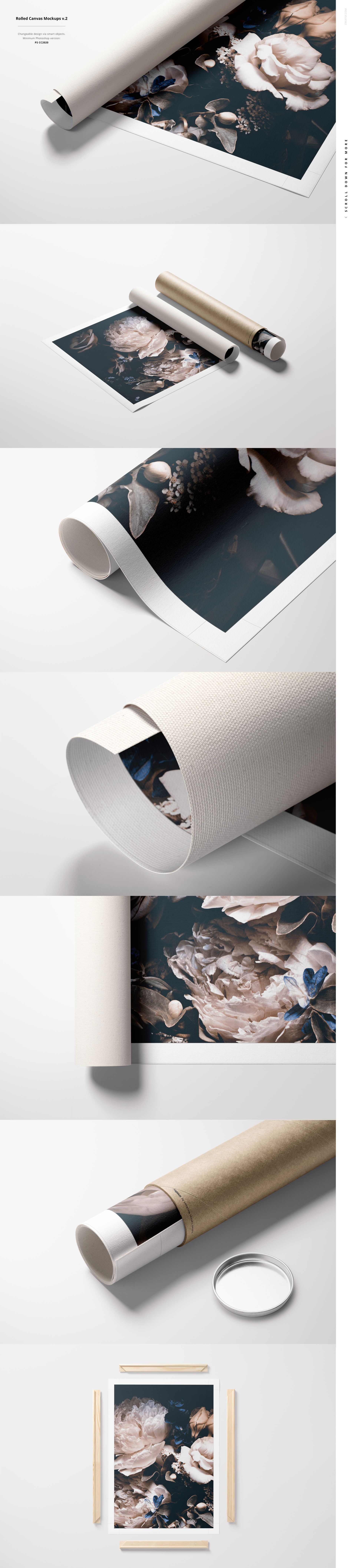 Rolled canvas print mockup featuring a floral artwork, shown unrolled with a tube and cap on a white surface.