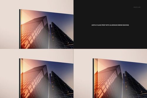 Acrylic and aluminum wall art mockup showing a modern building print with warm sunset tones, detailed corner view.