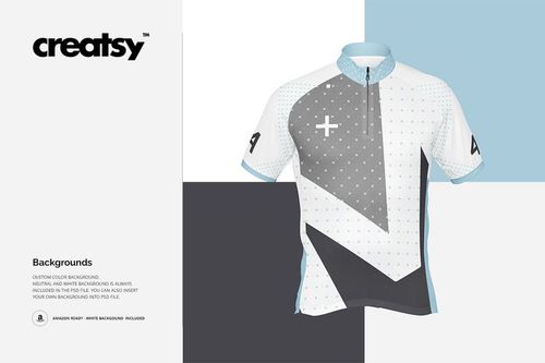 Front view of a bike jersey mockup with geometric gray and black shapes, light blue accents, and a zippered collar.