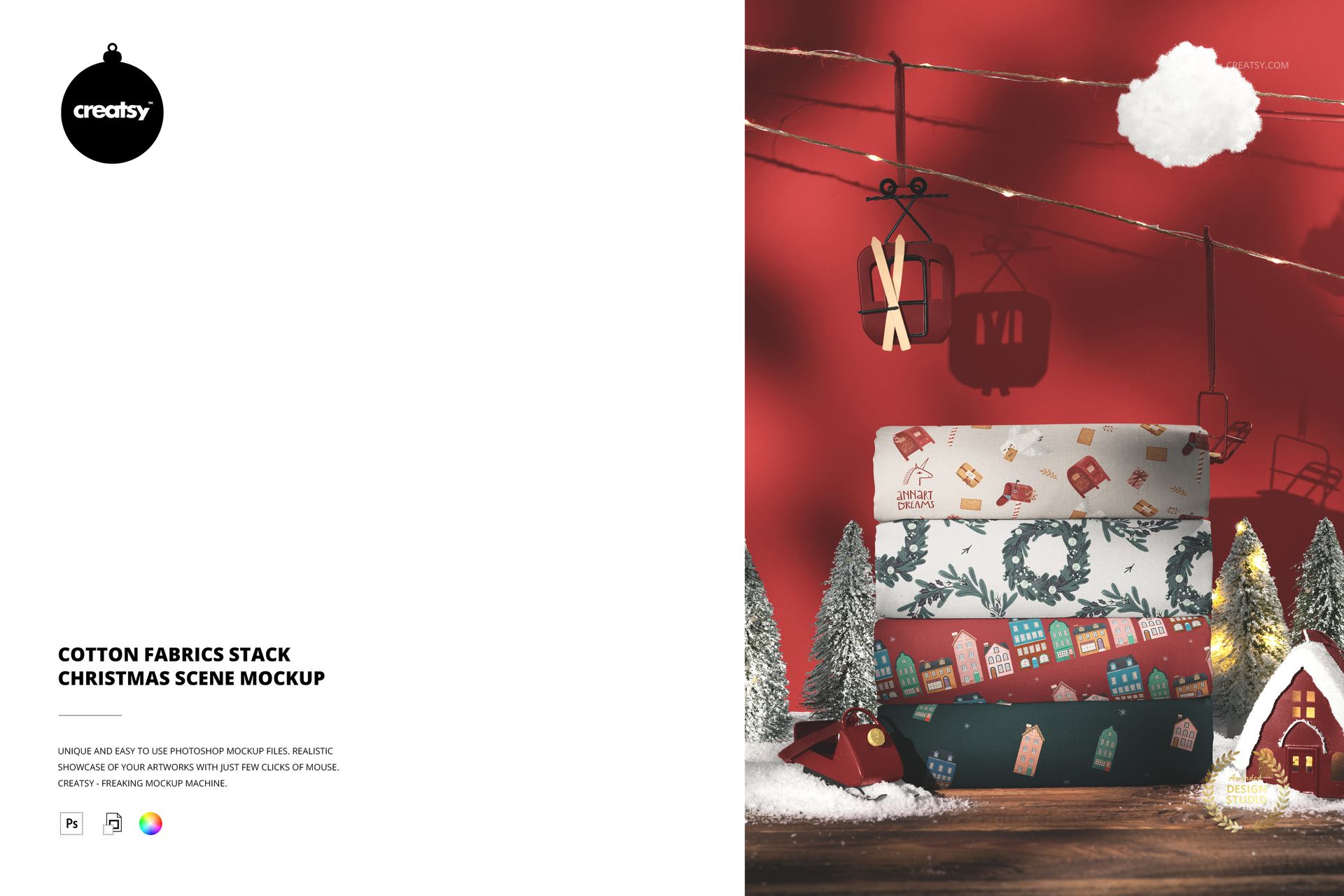 Christmas-themed cotton fabric stack mockup shown in front view, surrounded by small snowy trees and red houses.