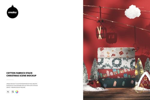 Cotton Fabrics Stack Christmas Scene Mockup - mockup preview 1