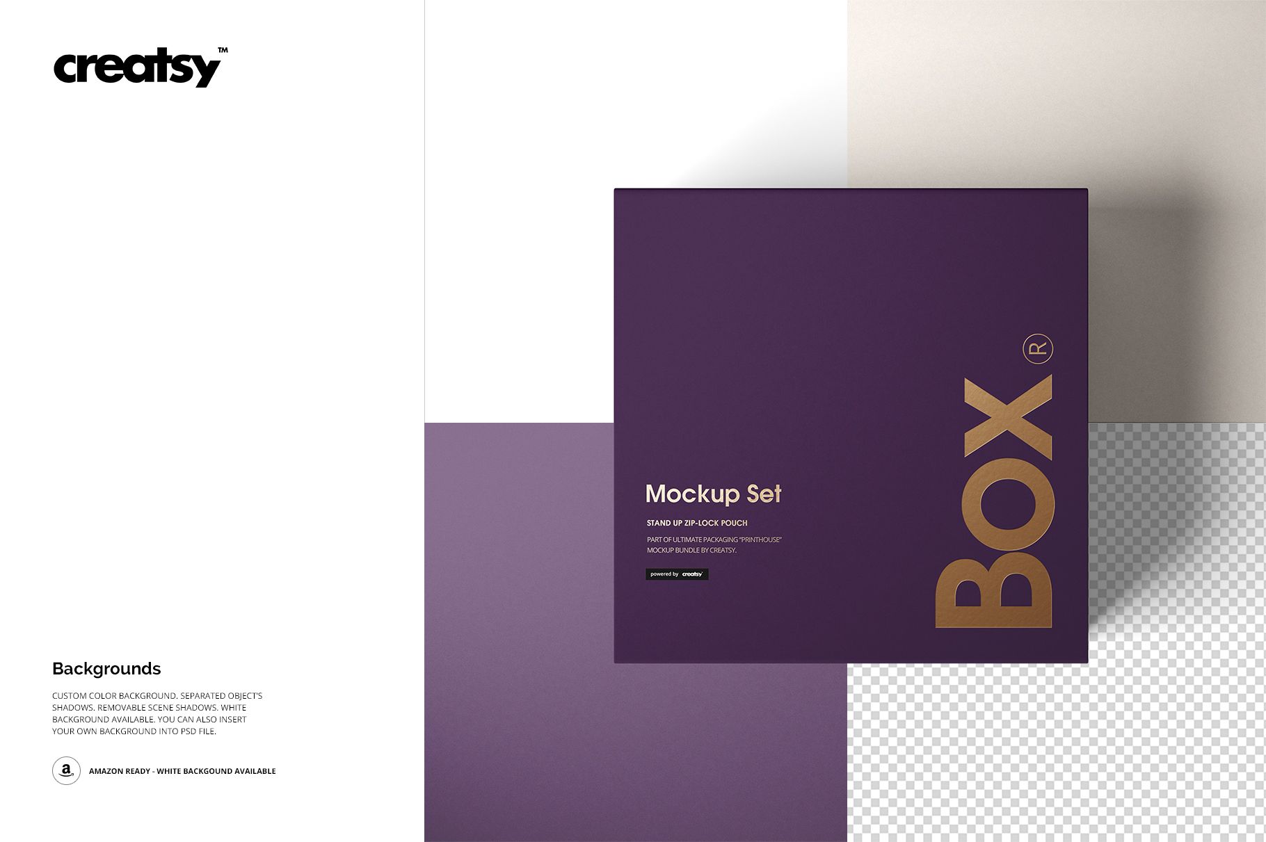 Square magnetic gift box mockup shown from top view, featuring a solid dark purple lid with gold lettering on a geometric background.