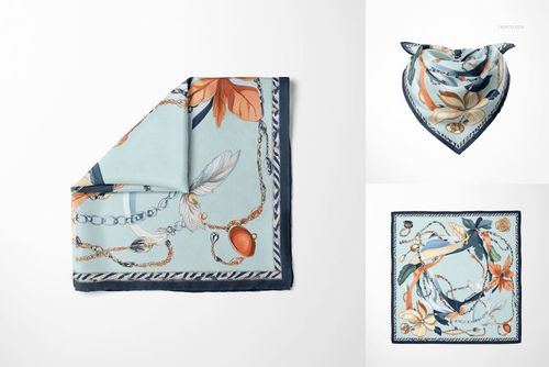 Fashion accessory silk scarf mockup featuring a botanical and jewelry print, displayed in three different perspectives.