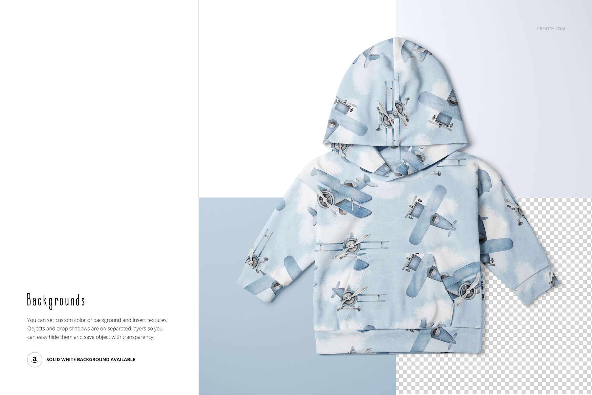 Front view of a baby tracksuit sweatshirt mockup with a hood, featuring a light blue airplane pattern on a split background.