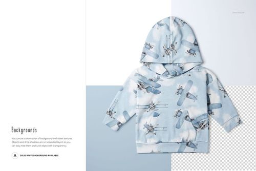 Front view of a baby tracksuit sweatshirt mockup with a hood, featuring a light blue airplane pattern on a split background.