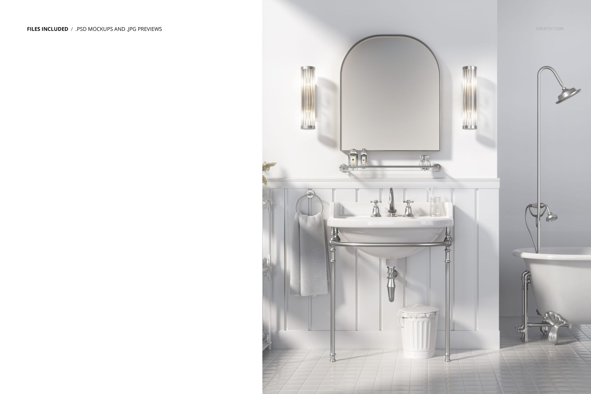 Traditional style bathroom mockup featuring a white sink with chrome legs, wall-mounted mirror, and bathtub in a bright setting.