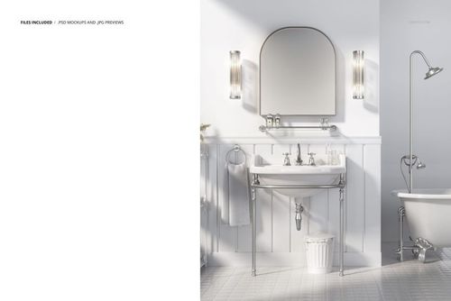 Traditional style bathroom mockup featuring a white sink with chrome legs, wall-mounted mirror, and bathtub in a bright setting.