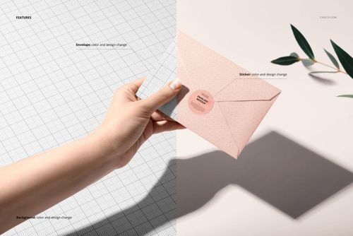 PSD mockup featuring a light pink envelope with a sticker, set against a divided background of grid lines and plant shadows.
