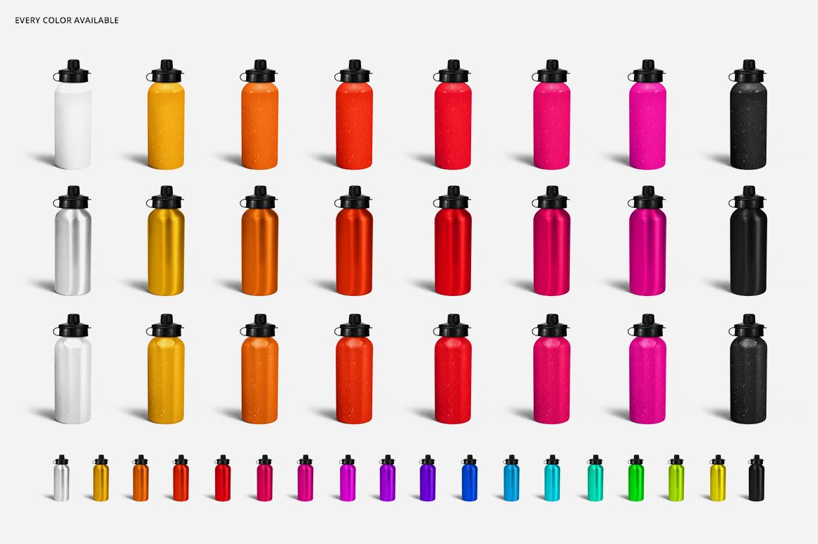 PSD mockup set featuring aluminum water bottles in a wide range of colors, neatly organized in a grid layout.