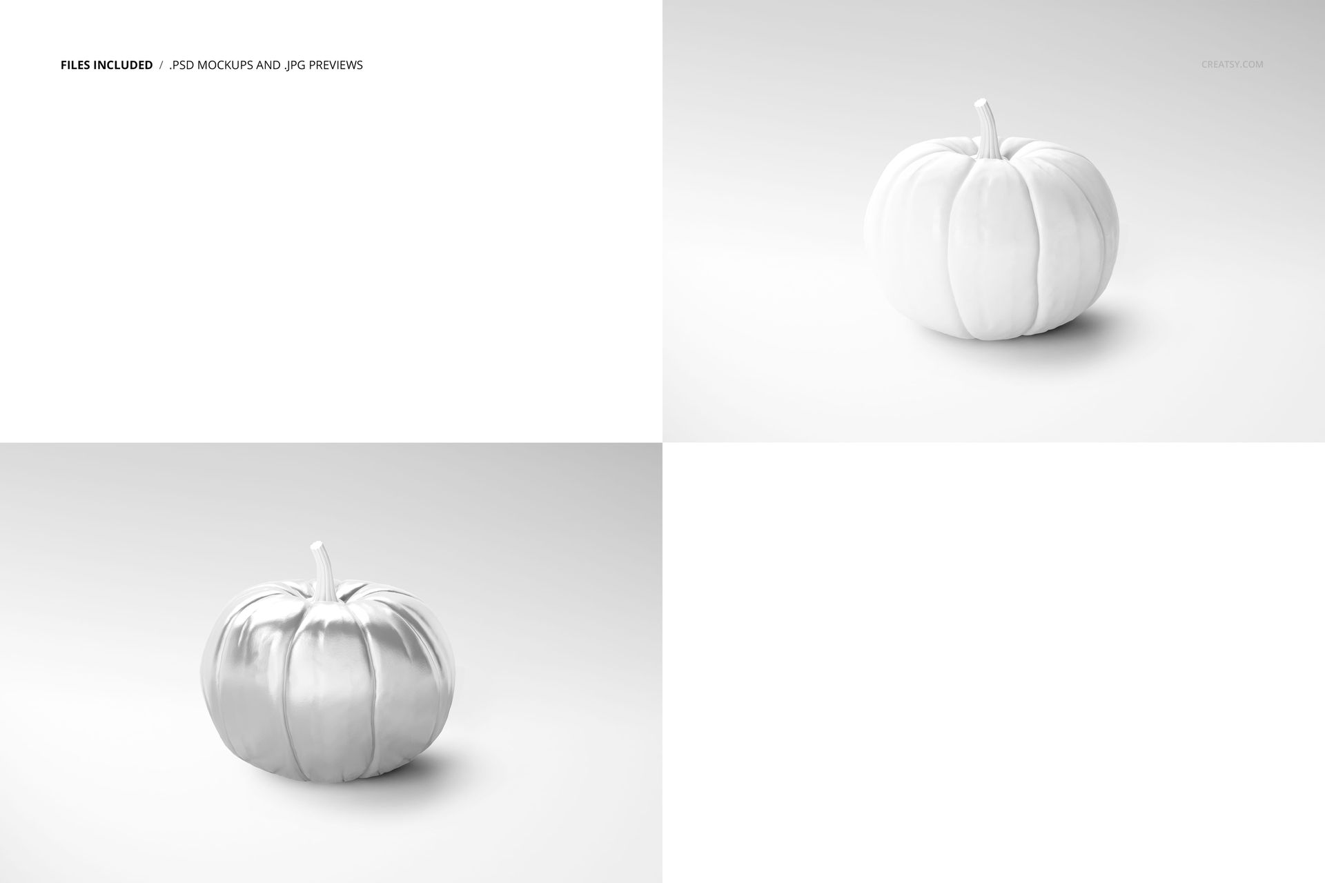 White pumpkin mockup with smooth surface shown from front and angled views on a plain light background.