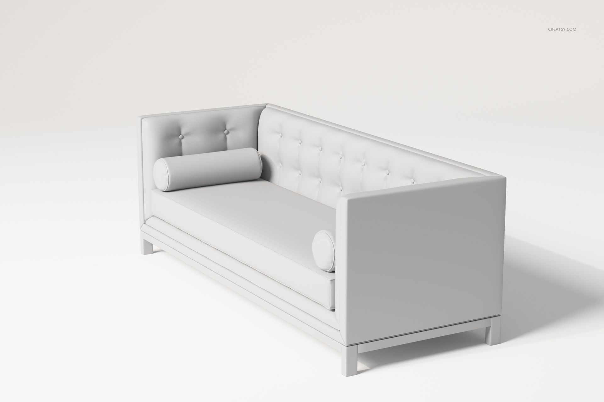 Front angled view of a light gray early 19th century style sofa with tufted backrest and cylindrical cushions.