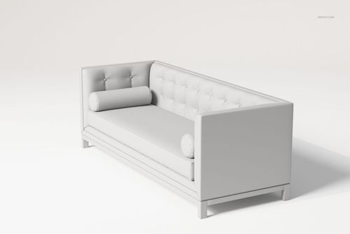 Front angled view of a light gray early 19th century style sofa with tufted backrest and cylindrical cushions.