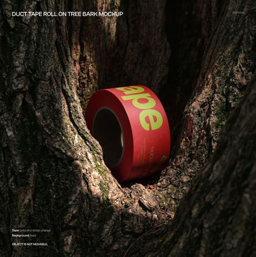 PSD mockup showing a duct tape roll with bold green text nestled in a natural tree bark setting.