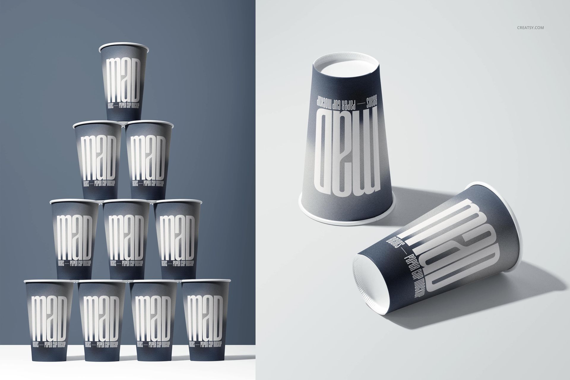Paper cup PSD mockup featuring a pyramid of cups and two cups on the right, one standing and one toppled over.