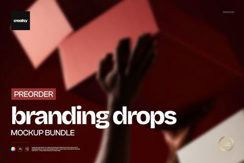 Hands reaching toward floating geometric shapes in red and pink tones, with branding drops mockup bundle text overlay.