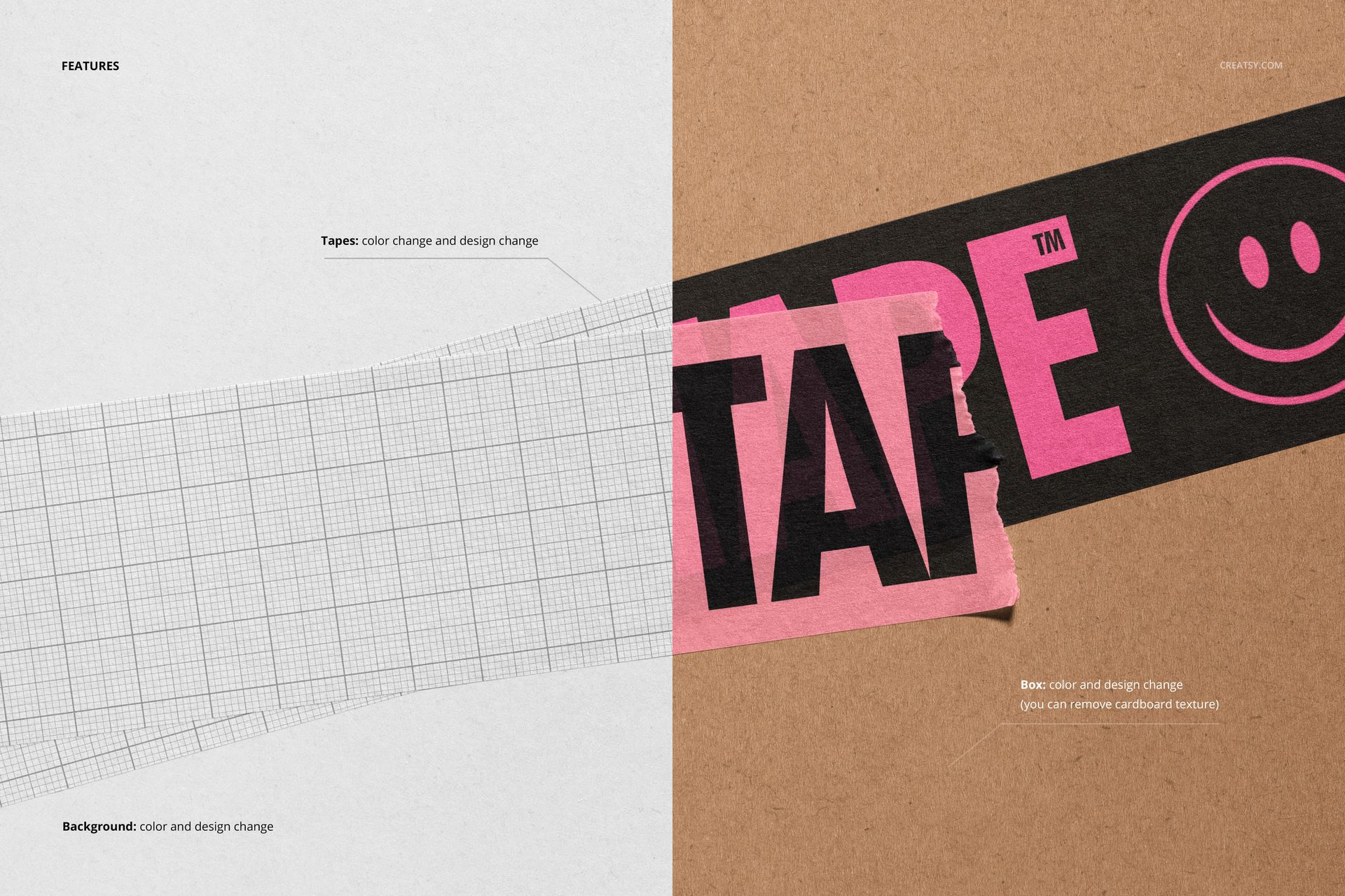 Close-up view of paper packaging tape mockup with grid pattern on white and pink tape on brown cardboard background.