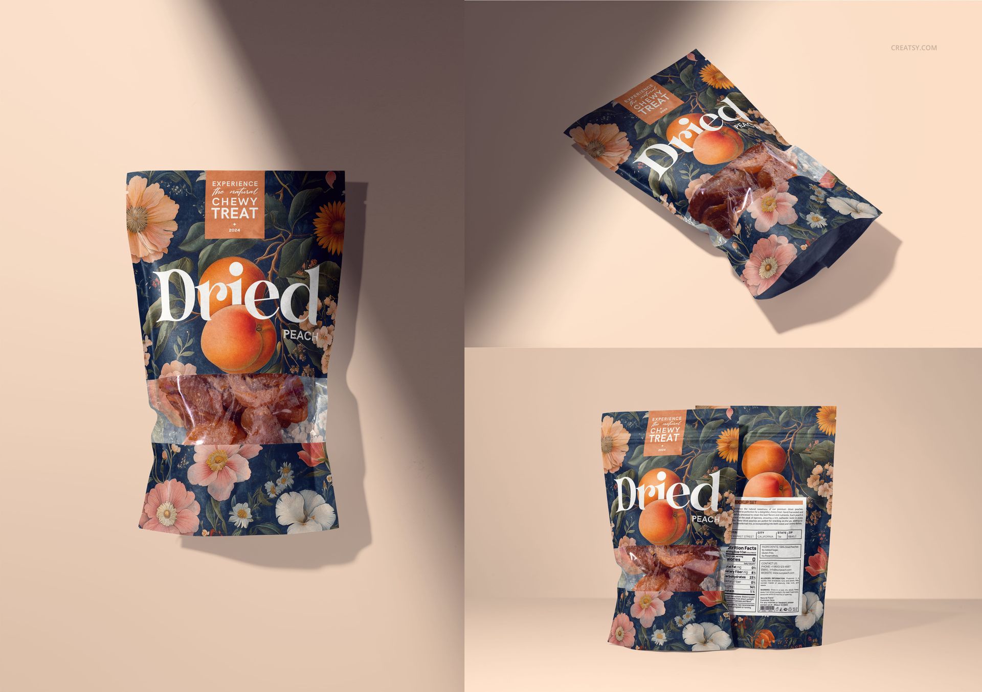 Three perspectives of a dried peach paper bag mockup, showing colorful floral design and clear fruit window.