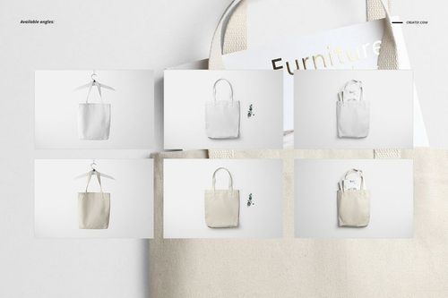 Set of polyester tote bag mockups in white and beige, shown from various angles on a light background with props.