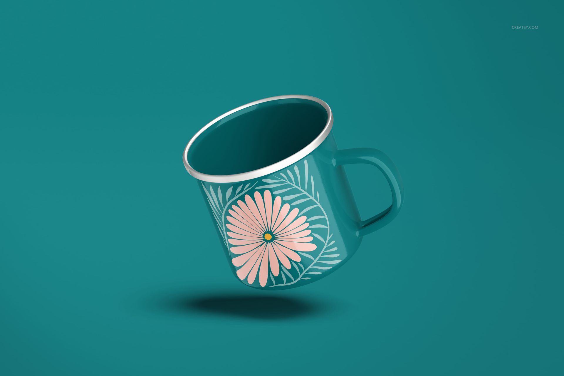 360ml enamel mug mockup with silver rim, decorated with a pink floral design, shown at an angled front view.