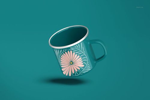 360ml enamel mug mockup with silver rim, decorated with a pink floral design, shown at an angled front view.