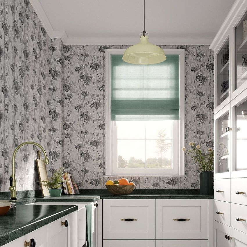 French kitchen design mockup showing a bright kitchen with green marble countertops, white cabinets, and floral wallpaper.