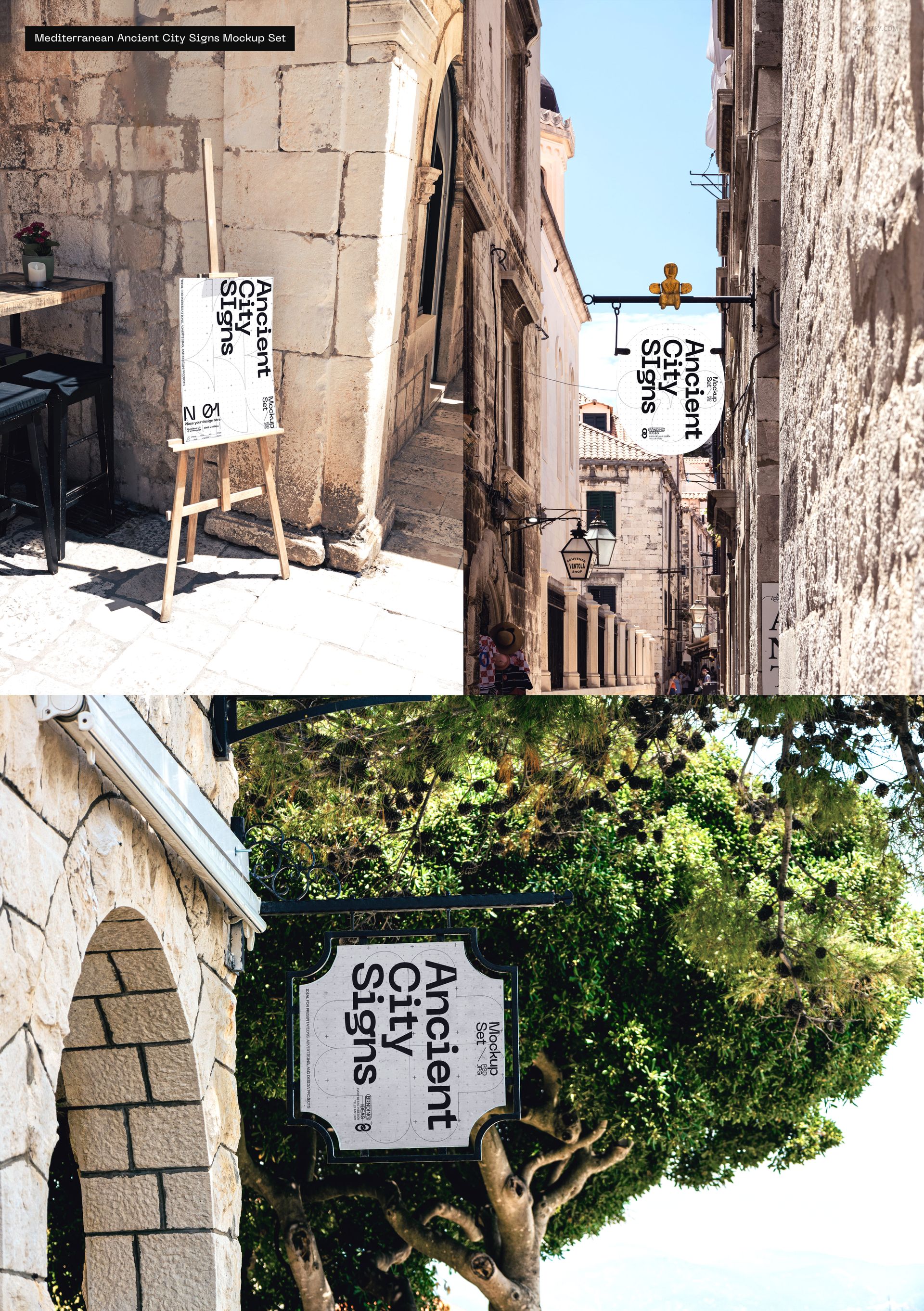 Outdoor advertising mockup showing signage on stone buildings and a wooden easel in a sunlit, old city street.