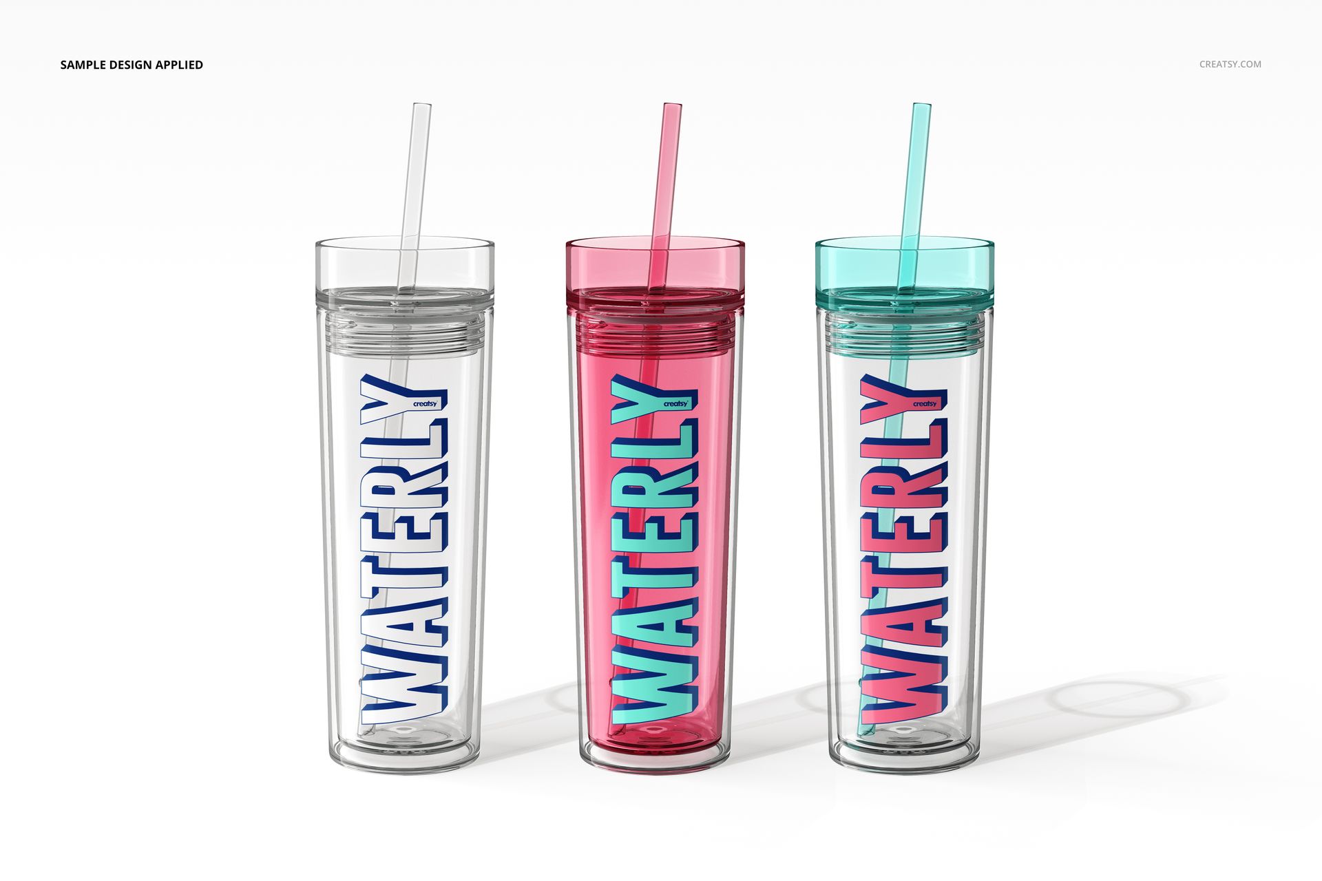 Double-wall tumbler PSD mockup set with three transparent drinkware pieces in different colors, arranged side by side.