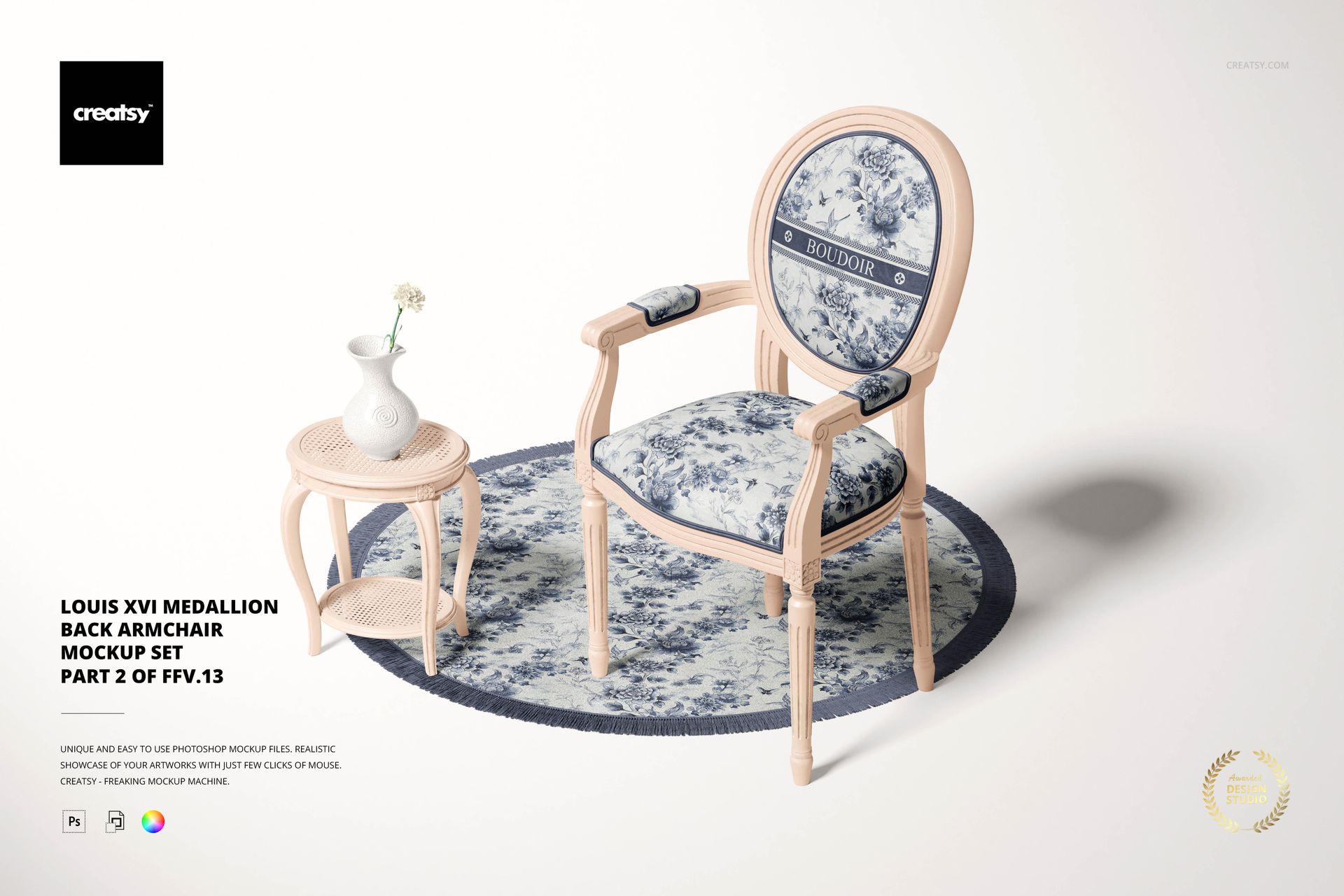 Elegant Louis XVI style armchair mockup featuring blue and white floral patterns, shown with a matching rug and side table.