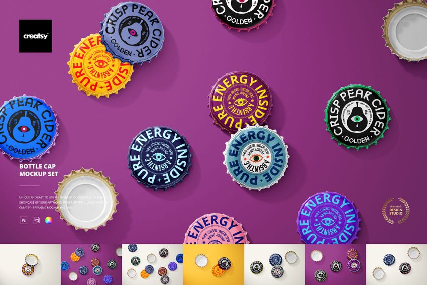 Colorful bottle caps with printed graphics and text arranged on a vibrant purple background in a studio mockup.