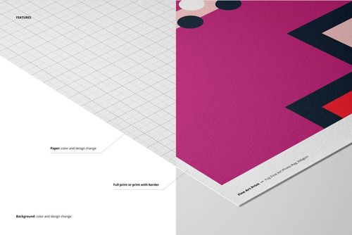 Close-up of a fine art print mockup showing a pink geometric design on textured paper, split with a grid background.