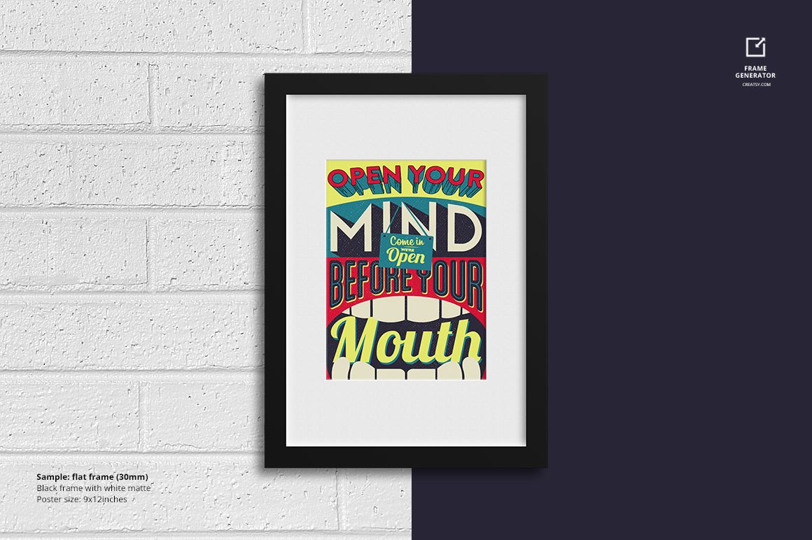 Mockup of a framed print with bold typography, set against contrasting white brick and dark blue wall surfaces.