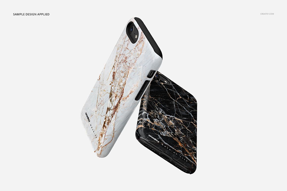 PSD mockup displaying two iPhone 7 cases with contrasting marble effects, positioned against a simple light background.