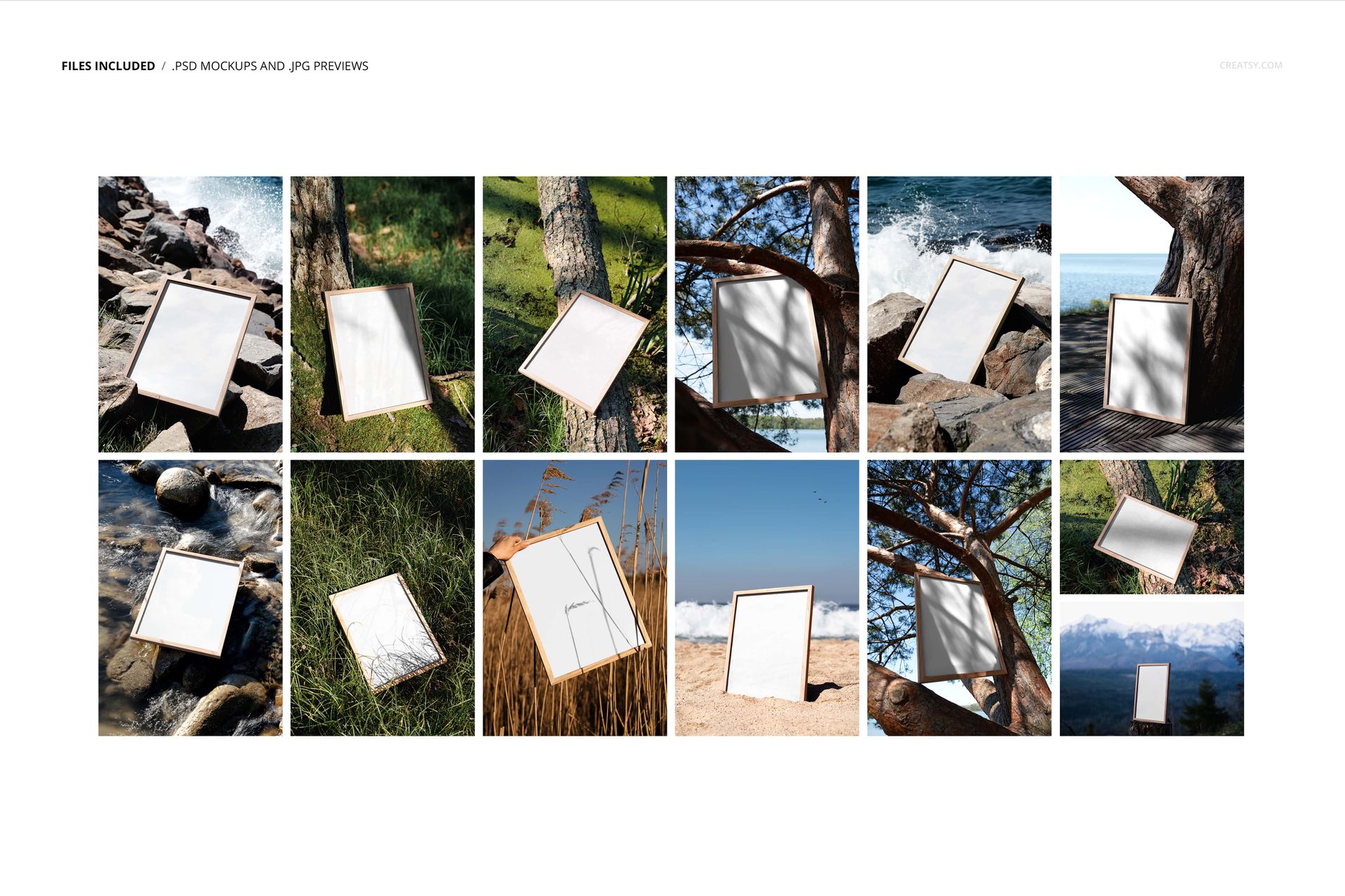 Outdoor edition PSD mockup set featuring picture frames placed in natural landscapes like mountains and coastline.