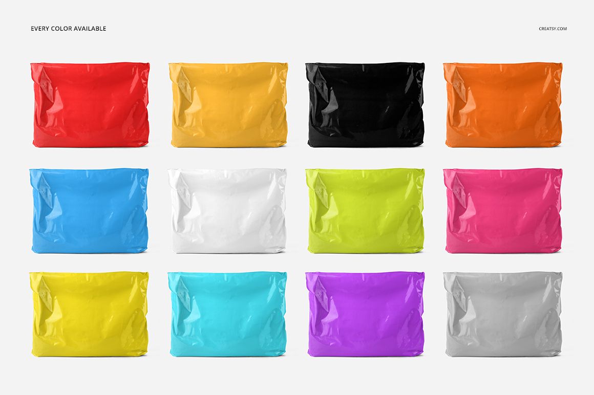 PSD mockup showing multiple mailing bags in assorted colors, organized in three rows against a simple white backdrop.