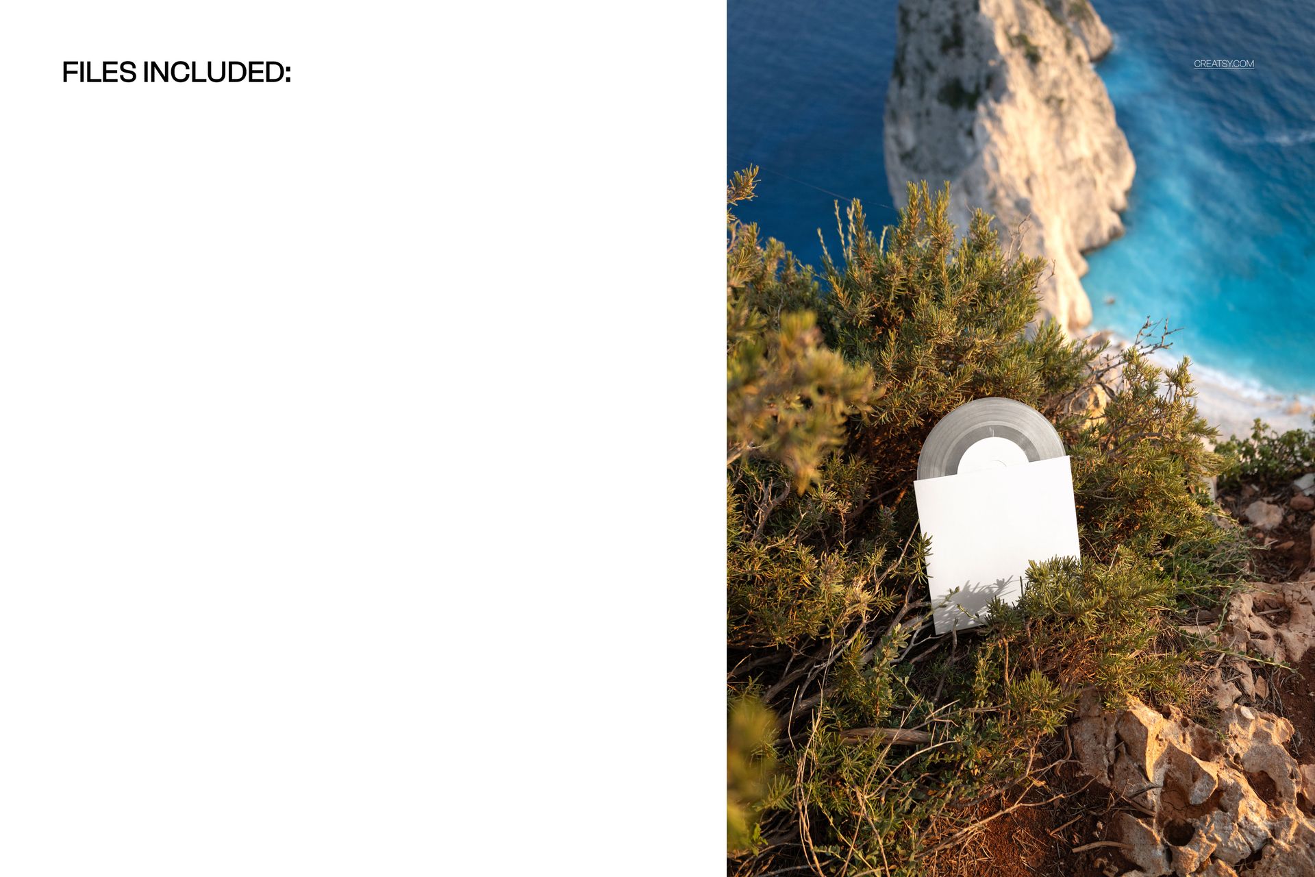 Translucent colored vinyl record mockup with a white cover placed on coastal cliffside vegetation above blue water.