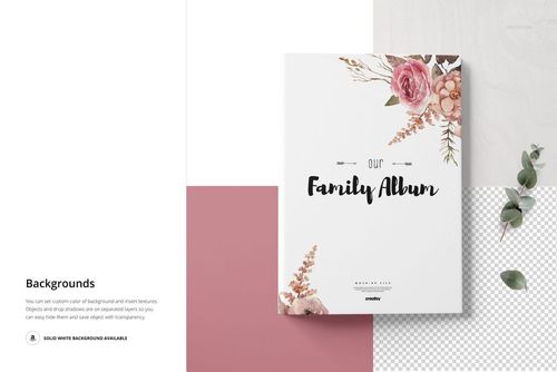 Family book mockup featuring a white cover with pink flowers, set against geometric backgrounds and eucalyptus sprigs.