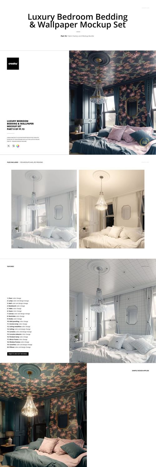 Mockup of a modern bedroom with floral ceiling wallpaper, velvet bed upholstery, and cozy bedding in natural light.