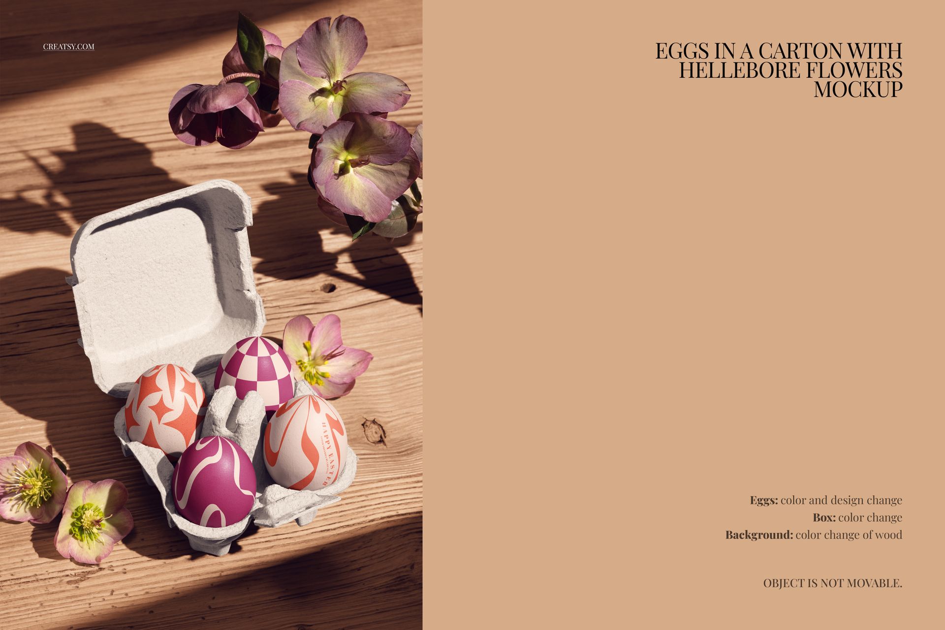 Close-up of a PSD mockup featuring colorful Easter eggs in a carton, with hellebore flowers and wood grain background.
