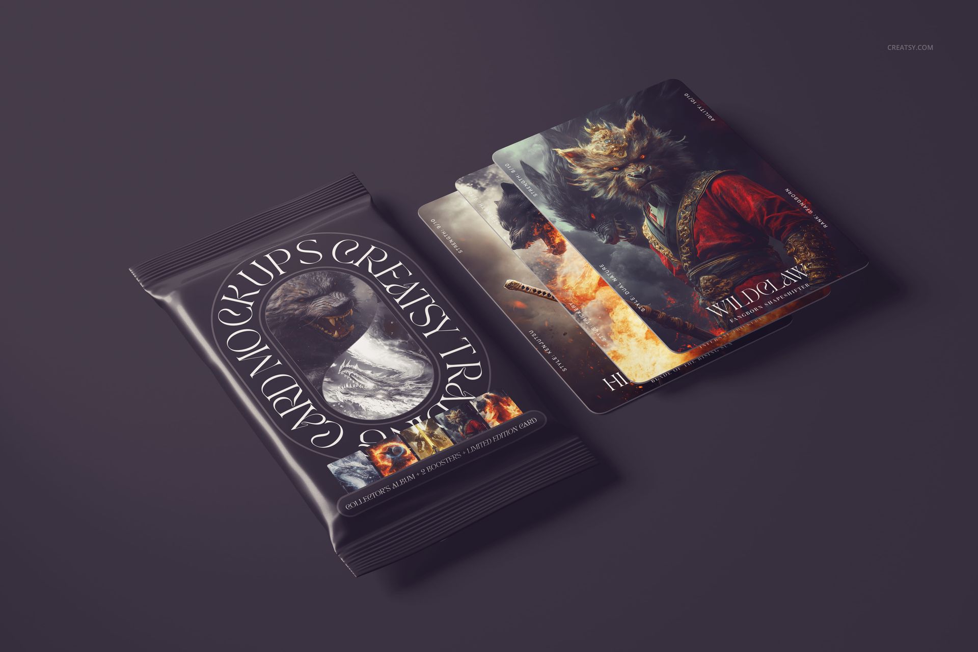Trading cards mockup set featuring a sealed card pack and several illustrated cards displayed on a dark surface.